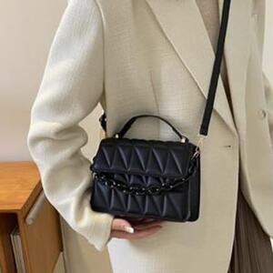 Quilted Black Vegan Leather Square Crossbody Bag Mini Satchel Handbags